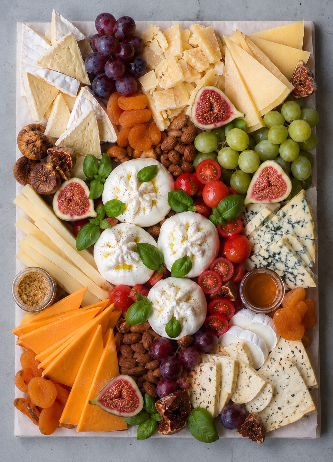 Vegetarische Käseplatte mit Burrata, Käsespezialitäten, Früchten, Mandeln und Antipasti