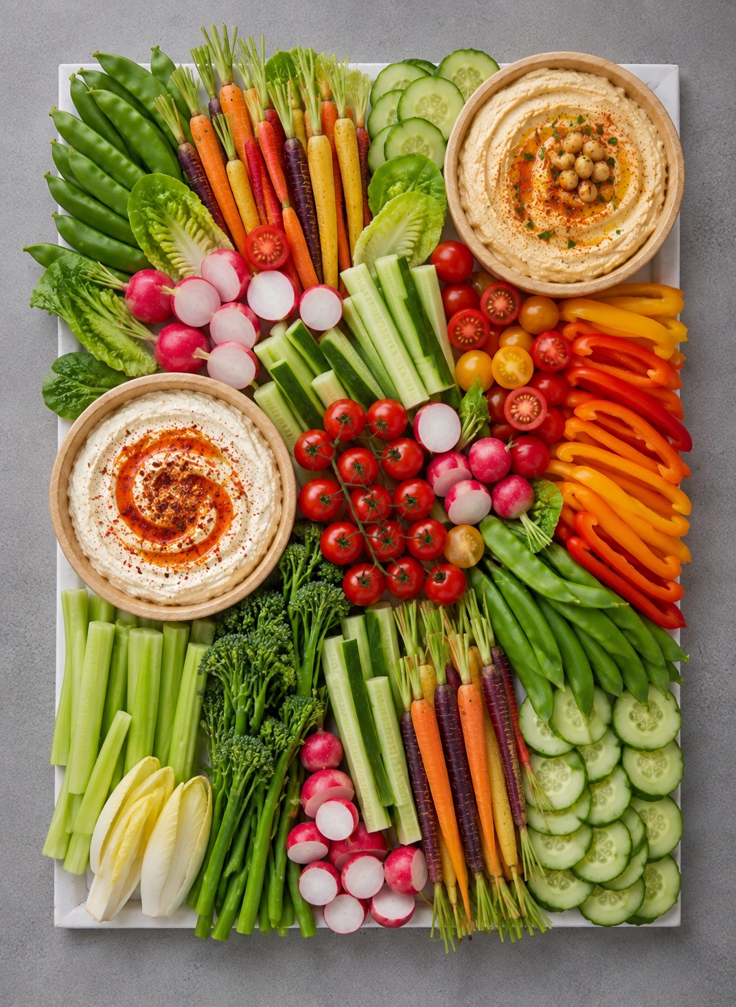 Rohkostplatte mit frischem Gemüse und zwei hausgemachten Dips