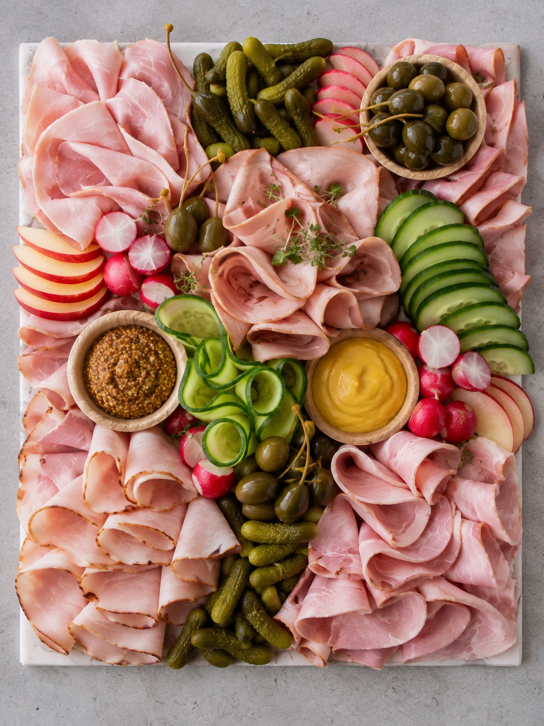 Schinkenspezialitätenplatte mit ausgewähltem Schinken, Käse, Pickles und Dips